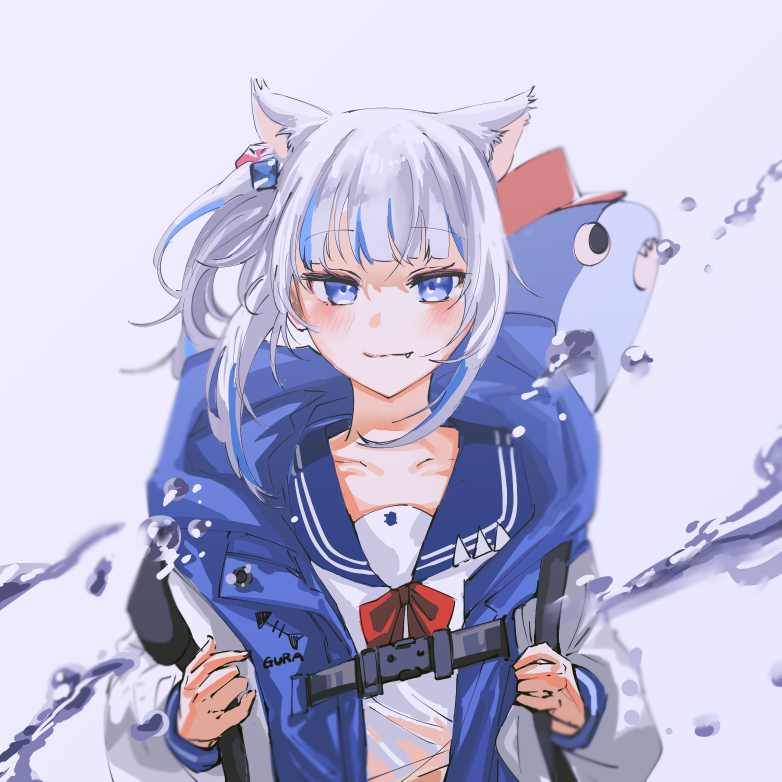 1girl animal_ears bangs bloop_(gawr_gura) blue_hair blue_jacket blush cat_ears collarbone eyebrows_visible_through_hair fang fang_out gawr_gura hololive hololive_english hood hooded_jacket jacket kemonomimi_mode letterman_jacket multicolored_hair school_uniform serafuku set7 side_ponytail silver_hair smile solo streaked_hair upper_body virtual_youtuber water