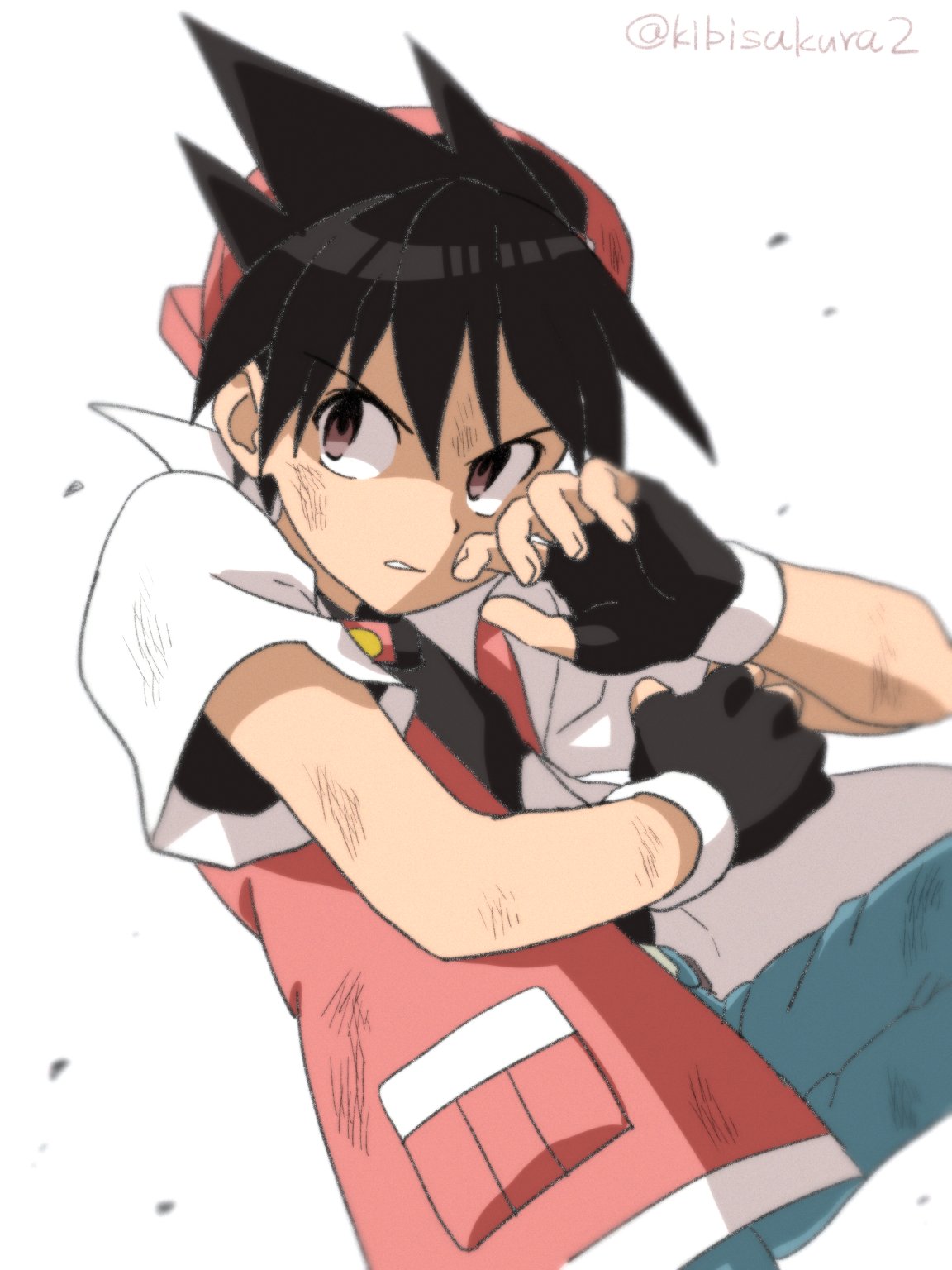 1boy backwards_hat bangs baseball_cap black_hair blurry brown_eyes dirty dirty_clothes dirty_face fingerless_gloves gloves hair_between_eyes hat highres jacket kibisakura2 leg_up looking_to_the_side male_focus pants parted_lips pokemon pokemon_adventures red_(pokemon) shirt solo twitter_username white_background