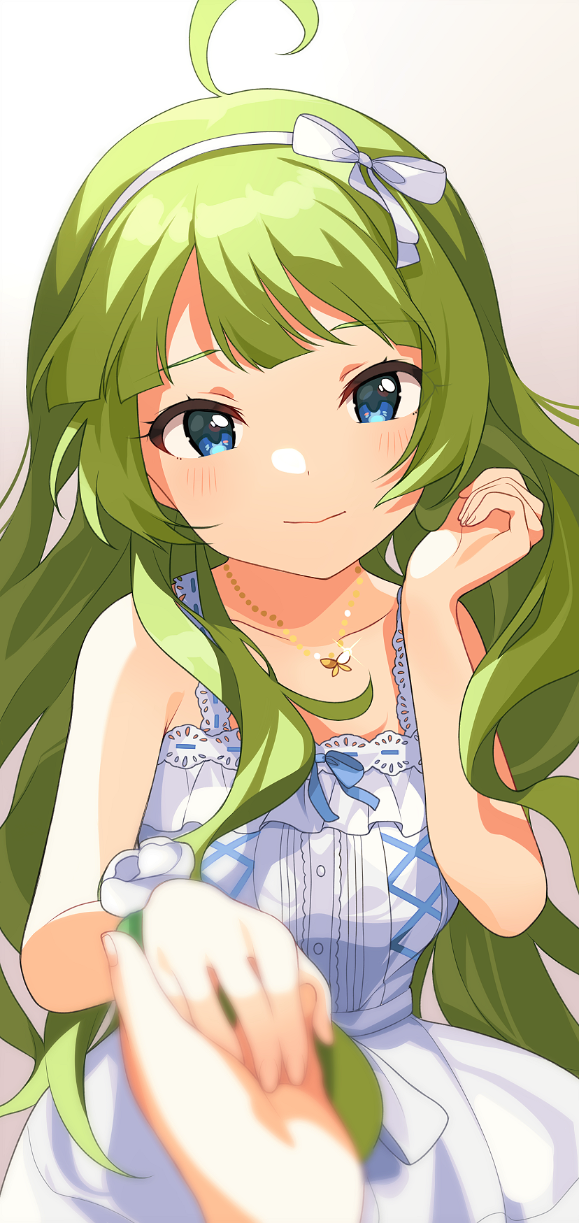 1girl ahoge bare_shoulders blue_eyes blurry blurry_foreground blush bow butterfly_necklace closed_mouth depth_of_field dress green_hair hairband hand_up head_tilt highres idolmaster idolmaster_million_live! idolmaster_million_live!_theater_days inuyama_nanami jewelry long_hair looking_at_viewer necklace pov pov_hands shimabara_elena simple_background smile solo very_long_hair white_background white_bow white_dress white_hairband wrist_flower wristband