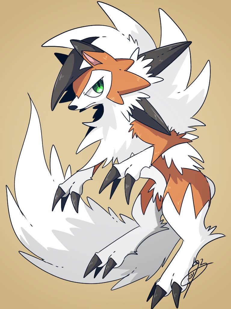 brown_background claws closed_mouth commentary_request full_body gen_7_pokemon green_eyes looking_back lycanroc lycanroc_(dusk) no_humans pokemon pokemon_(creature) signature simple_background solo uru_(ururu0731) white_fur