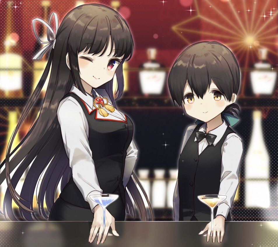 alternate_costume bangs bar bartender black_hair black_neckwear black_vest blue_ribbon brown_eyes cocktail_glass commentary_request commission cowboy_shot cup drinking_glass folded_ponytail hair_ribbon hime_cut hiyou_(kancolle) kantai_collection kasuga_maru_(kancolle) long_hair looking_at_viewer magatama one_eye_closed red_eyes ribbon skeb_commission swept_bangs vest yamashichi_(mtseven)