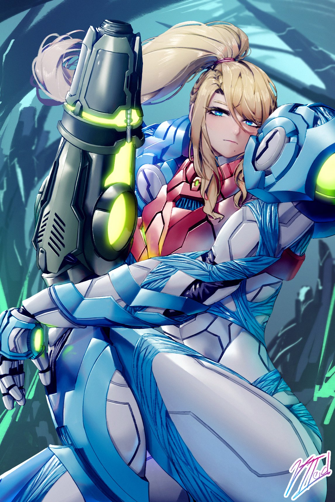 1girl arm_cannon armor bangs blonde_hair blue_eyes glowing gun helmet highres long_hair looking_at_viewer metroid metroid_(classic) metroid_dread mole mole_under_mouth orewajedman ponytail power_armor samus_aran science_fiction sidelocks simple_background solo upper_body varia_suit visor weapon