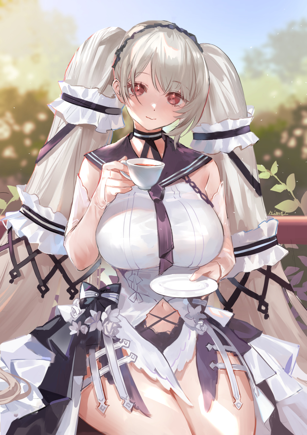 1girl absurdly_long_hair azur_lane black_choker black_neckwear black_sailor_collar blurry blurry_background bow_dress breasts choker clothing_cutout cup detached_sleeves dress feather_dress formidable_(azur_lane) formidable_(timeless_classics)_(azur_lane) hair_ornament highres holding holding_cup holding_plate huge_breasts long_hair looking_at_viewer navel_cutout nima_(niru54) official_alternate_costume outdoors plate platinum_blonde_hair red_eyes sailor_collar see-through see-through_sleeves signature sitting solo tea teacup twintails two-tone_dress two-tone_ribbon very_long_hair white_dress