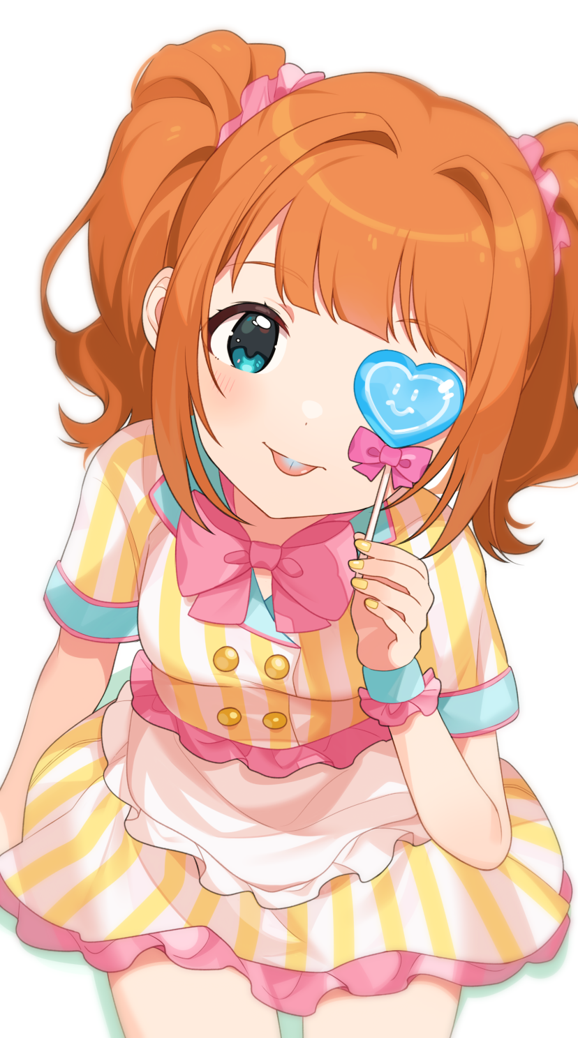 1girl :p apron blue_eyes blue_tongue bow candy colored_tongue food hair_ornament hair_scrunchie heart_lollipop highres holding holding_candy holding_food holding_lollipop idolmaster idolmaster_million_live! idolmaster_million_live!_theater_days inuyama_nanami lollipop looking_at_viewer miniskirt one_eye_covered orange_hair pink_bow scrunchie shirt short_sleeves simple_background sitting skirt smile solo striped striped_shirt takatsuki_yayoi tongue tongue_out twintails waist_apron white_apron white_background