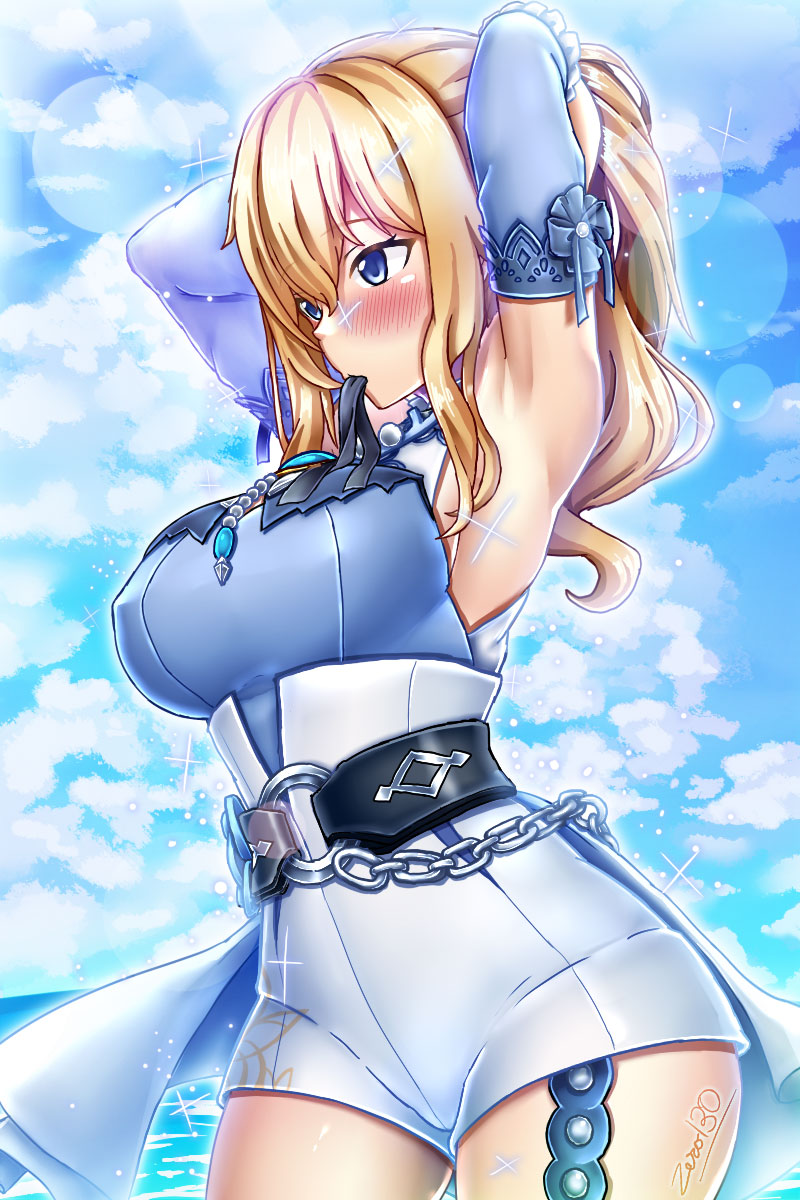 1girl armpits belt black_belt blonde_hair blue_eyes blush breasts chain clouds detached_sleeves english_commentary genshin_impact hair_tie_in_mouth high-waist_shorts highres jean_(genshin_impact) jean_(sea_breeze_dandelion)_(genshin_impact) lens_flare looking_down medium_breasts medium_hair mouth_hold shorts skirt sky solo tying_hair white_shorts white_skirt zero130
