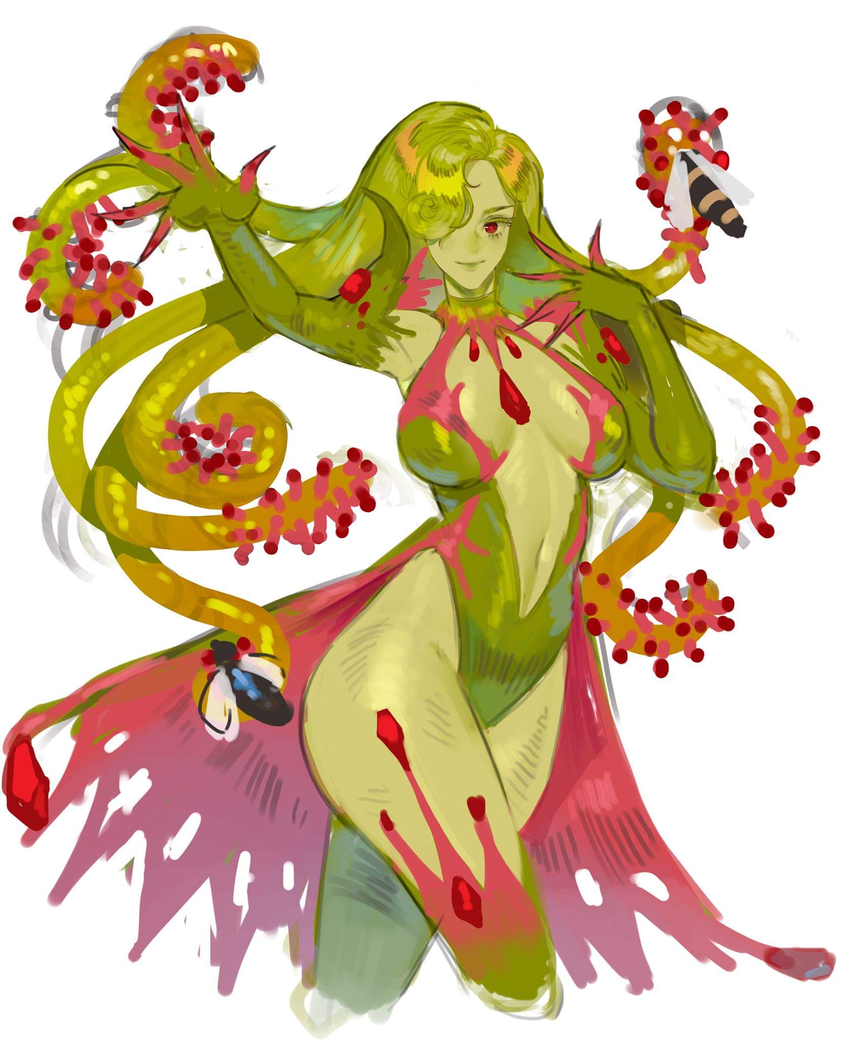 1girl arm_up bangs bee breasts bug carnivorous_plant closed_mouth collar colored_skin commentary_request green_hair green_skin hair_over_one_eye highres insect korean_commentary long_hair looking_at_viewer monster_girl navel original plant_girl princess_song red_eyes simple_background smile solo standing stomach tentacle_hair white_background