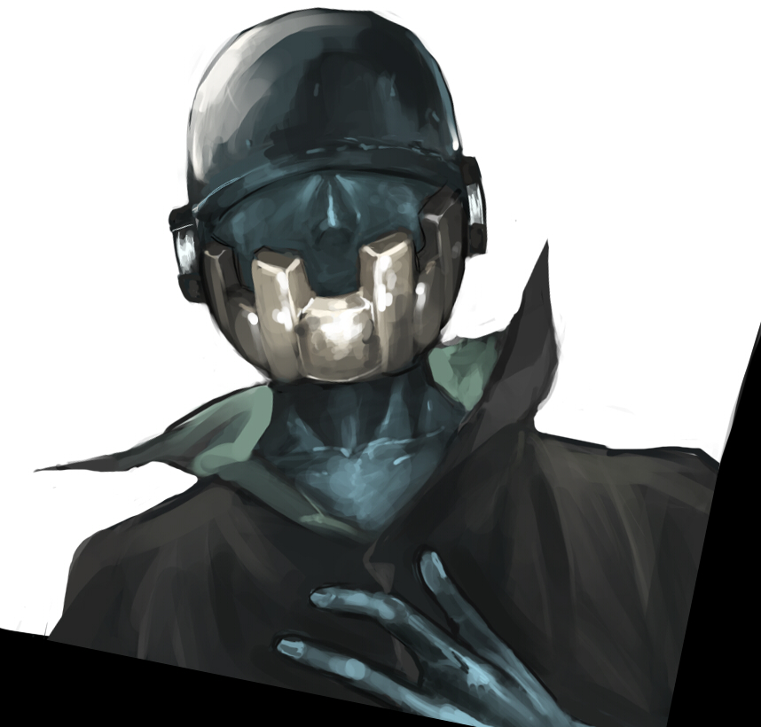 1boy blue_skin collarbone colored_skin covered_eyes fantasy fingernails hand_on_own_chest helmet lordroach male_focus original science_fiction scratches simple_background sketch solo upper_body white_background