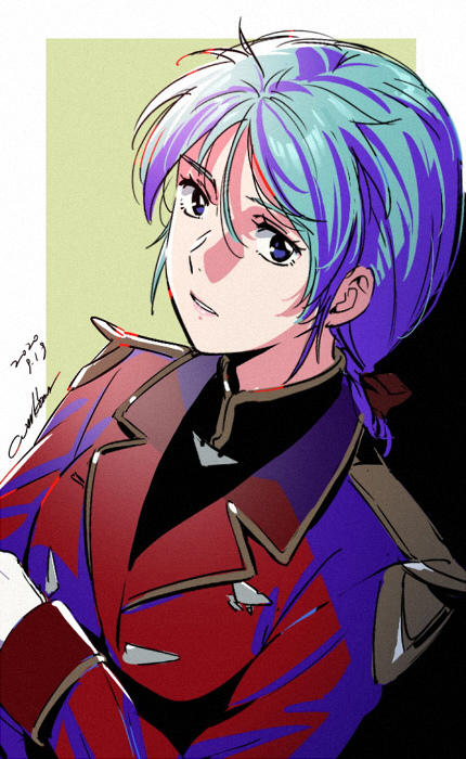 1girl aqua_hair blue_eyes bow character_request copyright_request dated gundam hair_bow jacket lips long_sleeves looking_at_viewer medium_hair parted_lips pink_lips red_bow red_jacket signature solo uniform upper_body werkbau