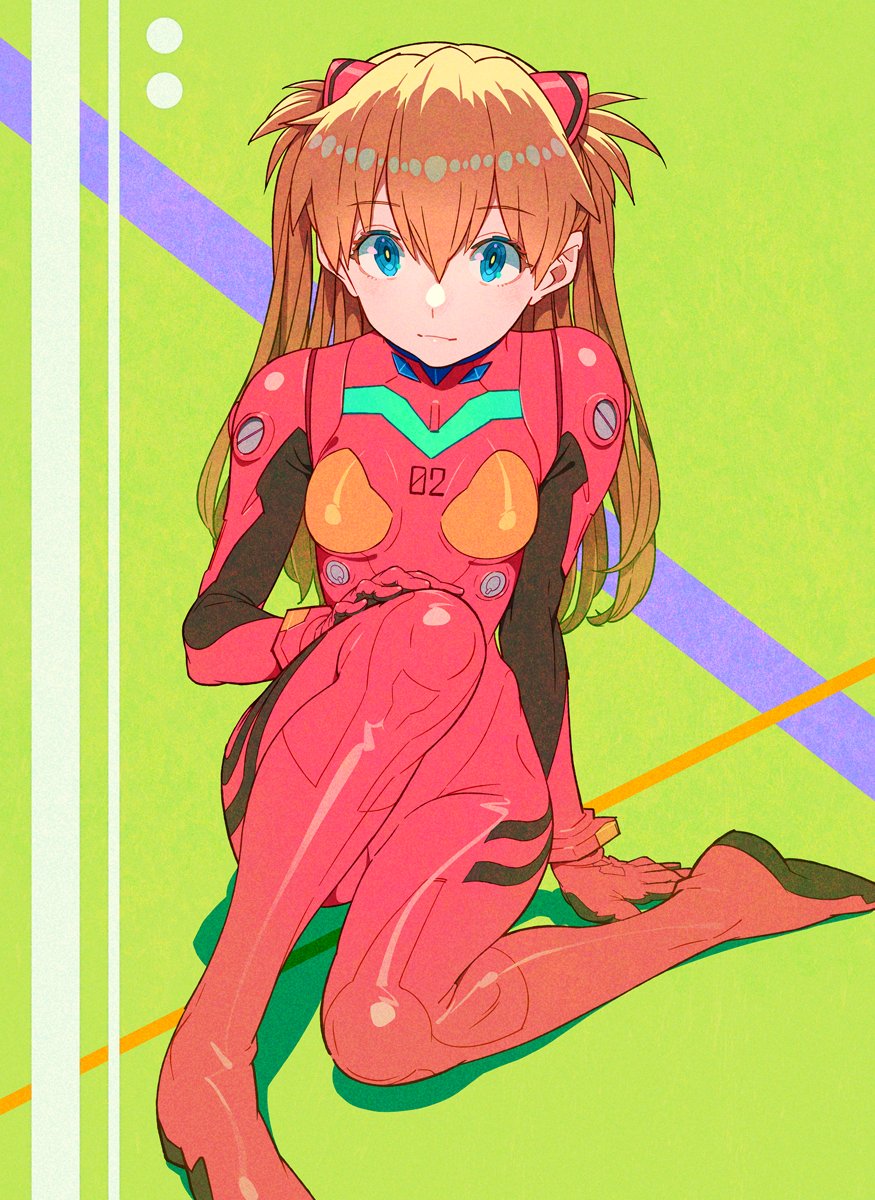 1girl blue_eyes bodysuit eyebrows_visible_through_hair full_body green_background hair_between_eyes hair_ornament hand_on_own_knee highres knee_up long_hair looking_at_viewer neon_genesis_evangelion nobile1031 orange_hair plugsuit red_bodysuit sitting solo souryuu_asuka_langley twintails