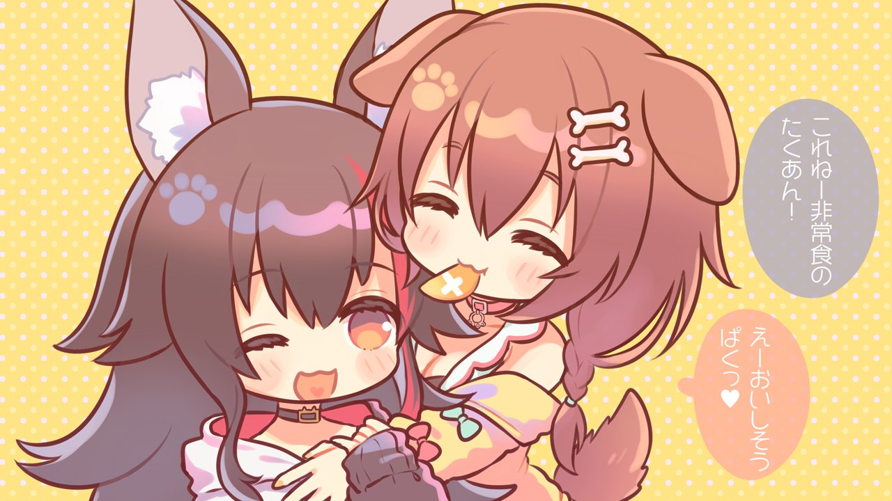2girls animal_collar animal_ears black_hair bone_hair_ornament braid brown_eyes brown_hair choker closed_eyes collar dog_ears dog_girl dog_tail hair_ornament hololive hood inugami_korone jacket marshmallow_mille mouth_hold multicolored_hair multiple_girls one_eye_closed ookami_mio open_mouth orange_eyes polka_dot polka_dot_background redhead sleeves_past_wrists smile streaked_hair sweater tail translation_request twin_braids two-tone_hair virtual_youtuber wolf_ears wolf_girl yellow_jacket