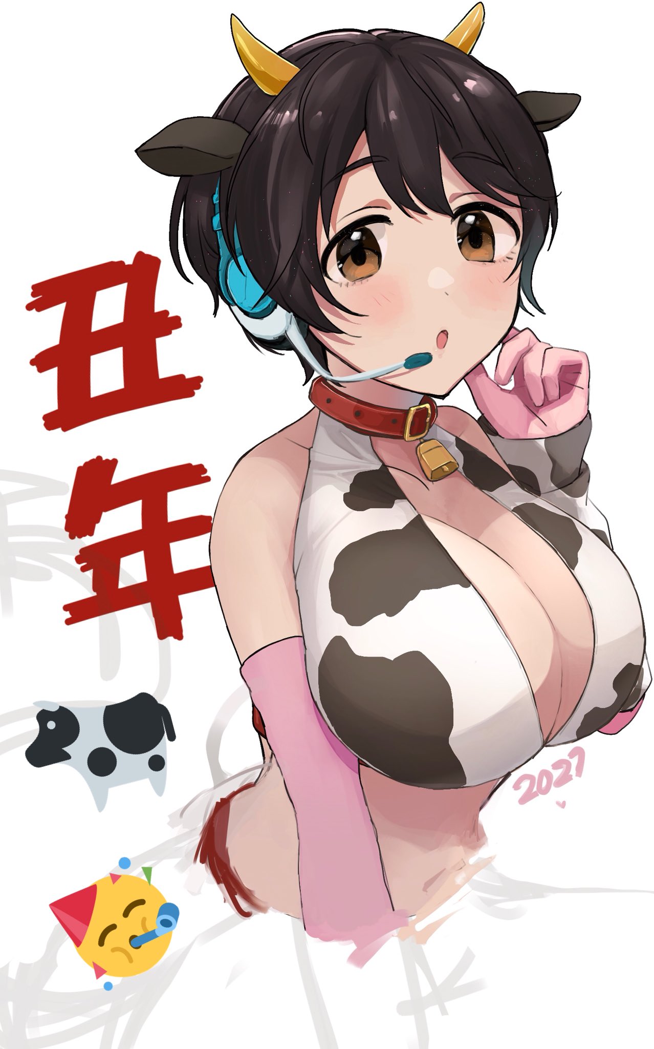 1girl 2021 :o animal_ears animal_print bangs bare_shoulders blush breasts brown_eyes brown_hair collar collarbone commentary_request cow cow_ears cow_horns cow_print cropped_torso elbow_gloves emoji gloves hand_up headset highres horns idolmaster idolmaster_cinderella_girls large_breasts looking_at_viewer navel oikawa_shizuku open_mouth red_collar short_hair smile solo stomach translation_request yuzuhota0313