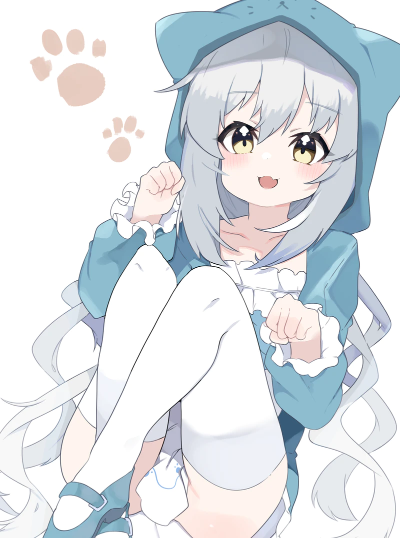 animal_ears blue_dress cat_ears commission dress fang grey_hair long_hair looking_at_viewer original paw_pose paws skeb_commission thighs white_legwear yellow_eyes zeru_(wisel_army)