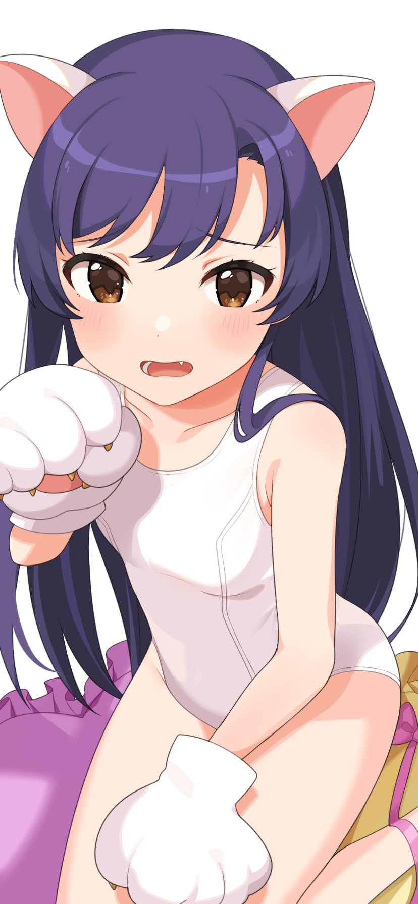 1girl animal_ears blush brown_eyes cat_ears claws dot_nose gloves heart heart_pillow highres idolmaster idolmaster_million_live! idolmaster_million_live!_theater_days inuyama_nanami kisaragi_chihaya long_hair looking_at_viewer one-piece_swimsuit open_mouth paw_gloves paws pillow purple_hair school_swimsuit simple_background solo swimsuit white_background white_swimsuit