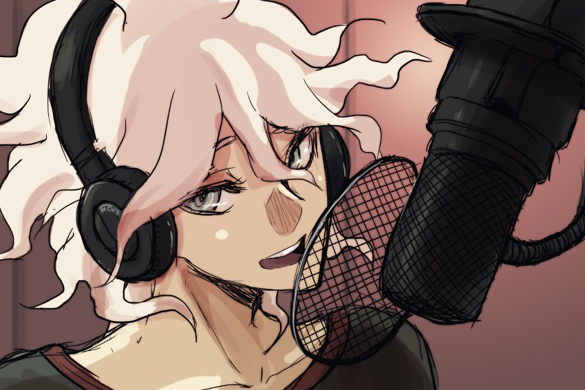 1boy :d bangs brown_background collarbone dangan_ronpa_(series) dangan_ronpa_2:_goodbye_despair english_commentary grey_eyes grey_hair hair_between_eyes headphones komaeda_nagito looking_at_viewer male_focus messy_hair microphone open_mouth shirt short_hair simple_background smile solo upper_teeth yandr4hope