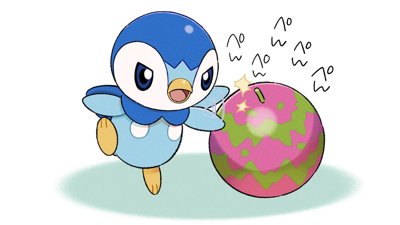 ball blue_eyes commentary_request creature gen_4_pokemon looking_at_object motion_lines no_humans official_art open_mouth piplup pokemon pokemon_(creature) prj_pochama solo standing standing_on_one_leg starter_pokemon tapping toes tongue white_background