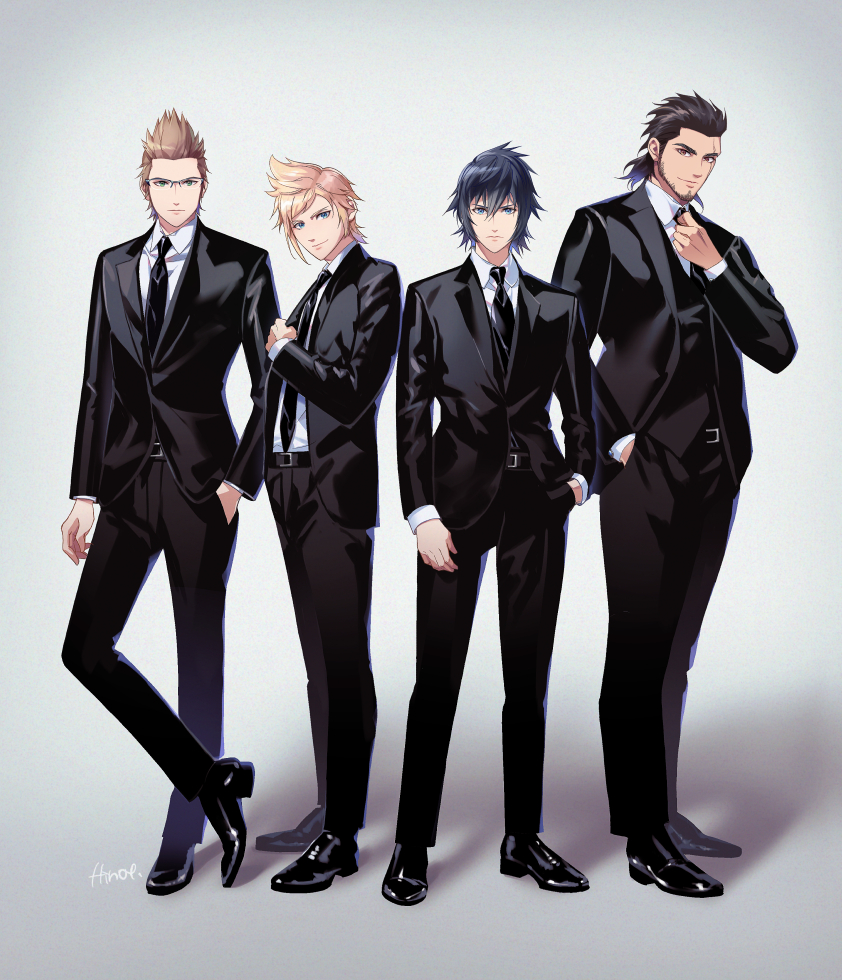 4boys adjusting_clothes adjusting_necktie beard black_footwear black_hair black_neckwear black_suit blonde_hair blue_eyes brown_eyes brown_hair facial_hair final_fantasy final_fantasy_xv formal gladiolus_amicitia glasses green_eyes grey_background hand_in_pocket hinoe_(dd_works) ignis_scientia looking_at_viewer multiple_boys necktie noctis_lucis_caelum prompto_argentum spiky_hair suit