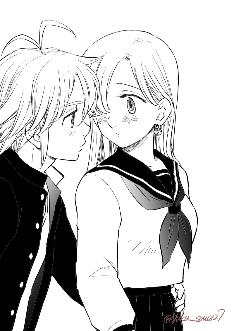 1boy 1girl antenna_hair blush closed_mouth couple elizabeth_liones eye_contact greyscale hair_over_one_eye hand_on_another's_hip harumiya hetero imminent_kiss jacket long_hair long_sleeves looking_at_another meliodas monochrome nanatsu_no_taizai neckerchief open_clothes open_jacket parted_lips pleated_skirt sailor_collar sailor_shirt school_uniform serafuku shirt short_hair simple_background sketch skirt straight_hair twitter_username white_background