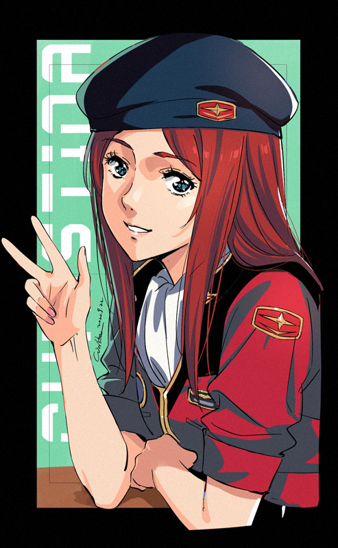 1girl beret black_headwear blue_eyes character_name christina_mackenzie cravat dated eyebrows_visible_through_hair gundam gundam_0080 hat jacket lips long_hair looking_at_viewer military military_uniform parted_lips pink_nails red_jacket redhead short_sleeves signature solo uniform v werkbau white_neckwear