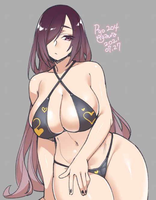 1girl 2021 agawa_ryou bikini black_bikini black_nails breasts curvy dated hair_over_one_eye heart heart_print large_breasts long_hair looking_at_viewer navel original swimsuit thick_thighs thighs