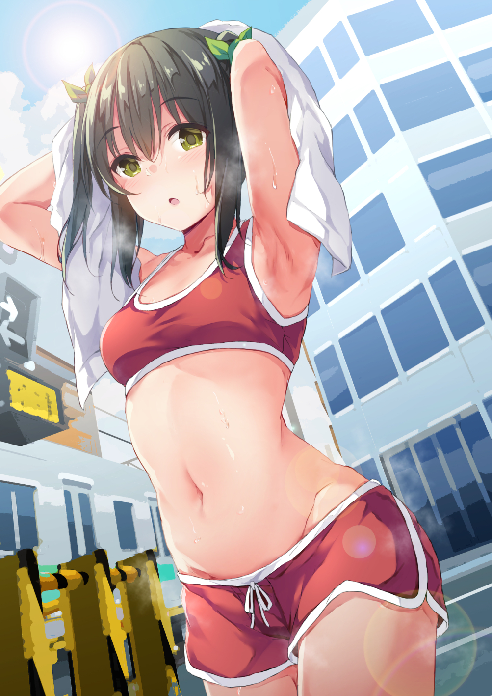 1girl :o armpits arms_up blush breasts building city cowboy_shot day green_eyes green_ribbon hair_ribbon highres hitoi lens_flare looking_at_viewer navel open_mouth original outdoors red_shorts ribbon short_hair short_shorts shorts sidelocks small_breasts solo sports_bra steaming_body stomach sweat towel two_side_up