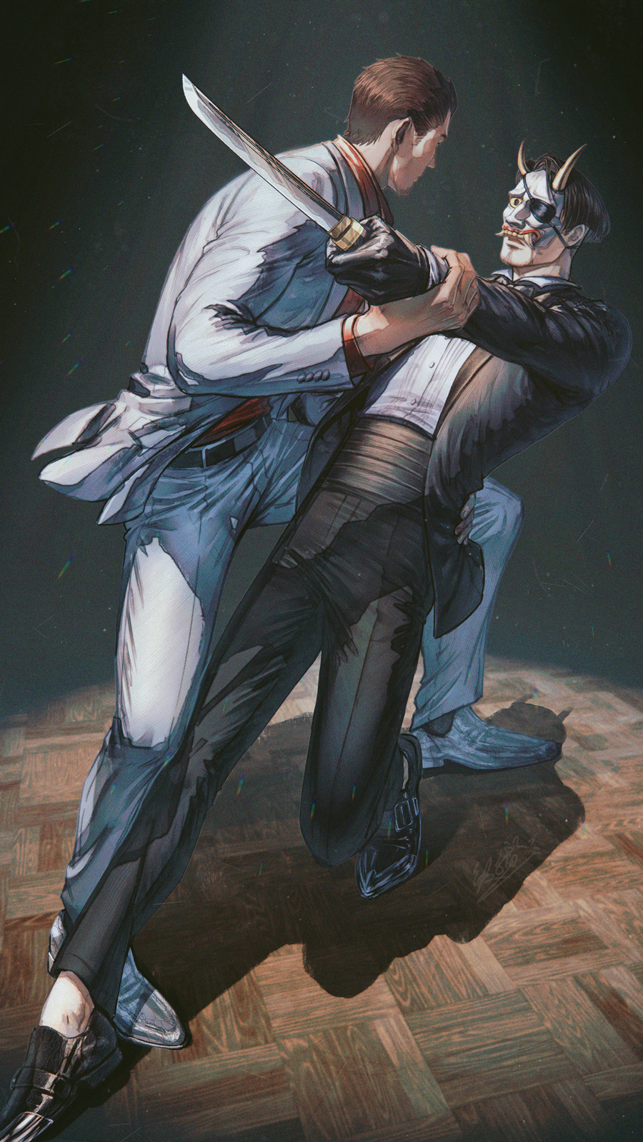 2boys alternate_costume black_footwear black_hair black_jacket black_pants black_suit dancing eyepatch facial_hair floor formal gloves grey_suit hannya highres holding holding_weapon horns jacket jiao_mao kiryuu_kazuma knife leather leather_gloves majima_gorou mask multiple_boys official_alternate_costume one-eyed pants red_shirt rivalry rivals ryuu_ga_gotoku ryuu_ga_gotoku_1 shirt short_hair spotlight tango weapon white_footwear white_shirt