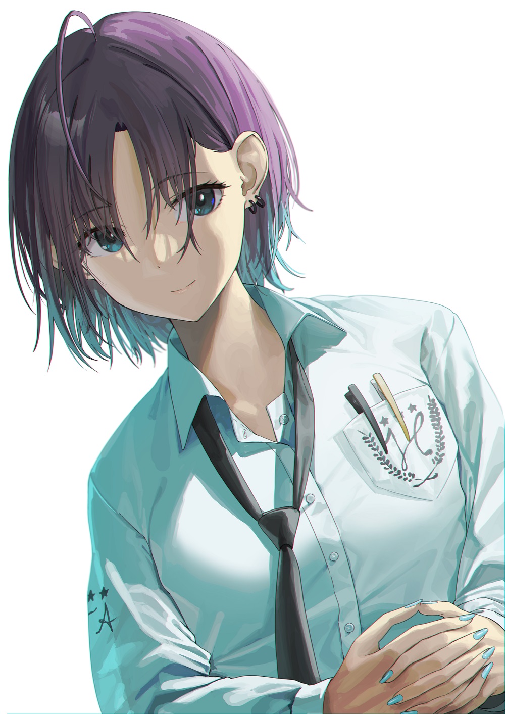 1girl ahoge asakura_tooru bangs black_neckwear blue_eyes blue_hair blue_nails blue_shirt closed_mouth collared_shirt commentary_request dress_shirt dutch_angle earrings eyebrows_visible_through_hair gradient_hair hands_clasped highres idolmaster idolmaster_shiny_colors jewelry long_sleeves looking_at_viewer multicolored_hair nail_polish necktie noeru own_hands_together parted_bangs purple_hair shirt simple_background smile solo upper_body white_background