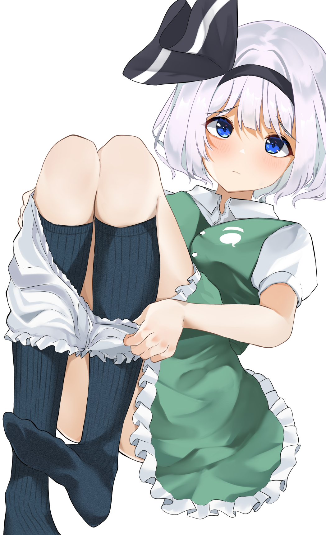 1girl 258n black_legwear bloomers bloomers_pull blue_eyes clothes_lift green_skirt green_vest hairband highres kneehighs knees_up konpaku_youmu leaning_back legs no_shoes ribbon shirt short_hair short_sleeves silver_hair sitting skirt skirt_lift solo thighs touhou underwear undressing vest white_bloomers white_shirt