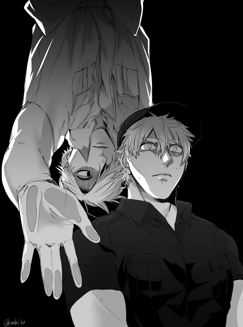 2boys baseball_cap blonde_hair bou_(maimoca501) collared_shirt greyscale hair_over_one_eye hat hataraku_saibou highres killer_t_(hataraku_saibou) male_focus military military_uniform monochrome multiple_boys pectorals scared shirt short_hair short_sleeves toned toned_male u-1146 uniform upper_body upside-down white_blood_cell_(hataraku_saibou)