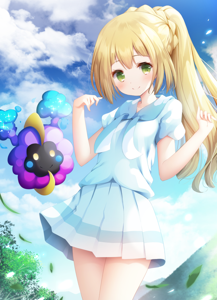 1girl bangs blonde_hair blue_sky braid closed_mouth clouds cloudy_sky cosmog day drawstring eyebrows_visible_through_hair gen_7_pokemon green_eyes hands_up legendary_pokemon lillie_(pokemon) long_hair looking_at_viewer murano outdoors pleated_skirt pokemon pokemon_(creature) pokemon_(game) pokemon_sm ponytail puffy_short_sleeves puffy_sleeves shirt short_sleeves skirt sky smile sparkle very_long_hair white_shirt white_skirt