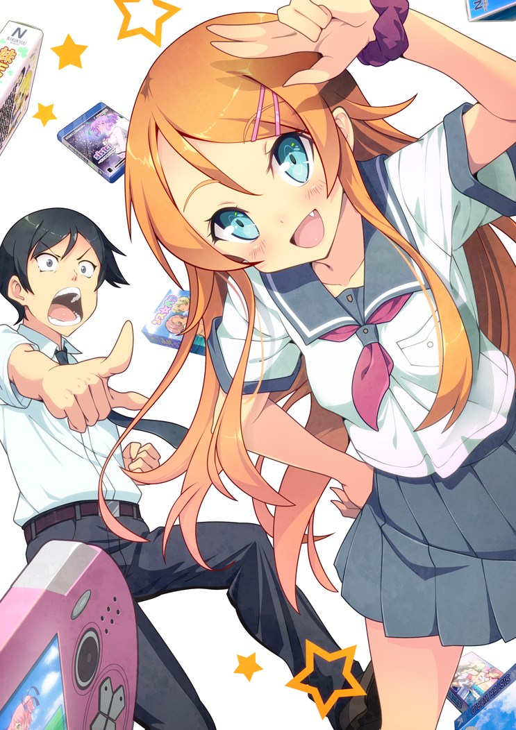 1boy 1girl black_eyes black_hair blue_eyes breast_pocket brother_and_sister fang hand_on_hip handheld_game_console kousaka_kirino kousaka_kyousuke kubota_masaki long_hair miniskirt necktie open_mouth orange_hair ore_no_imouto_ga_konna_ni_kawaii_wake_ga_nai playstation_vita pleated_skirt pocket pointing school_uniform scrunchie serafuku siblings skirt star_(symbol)