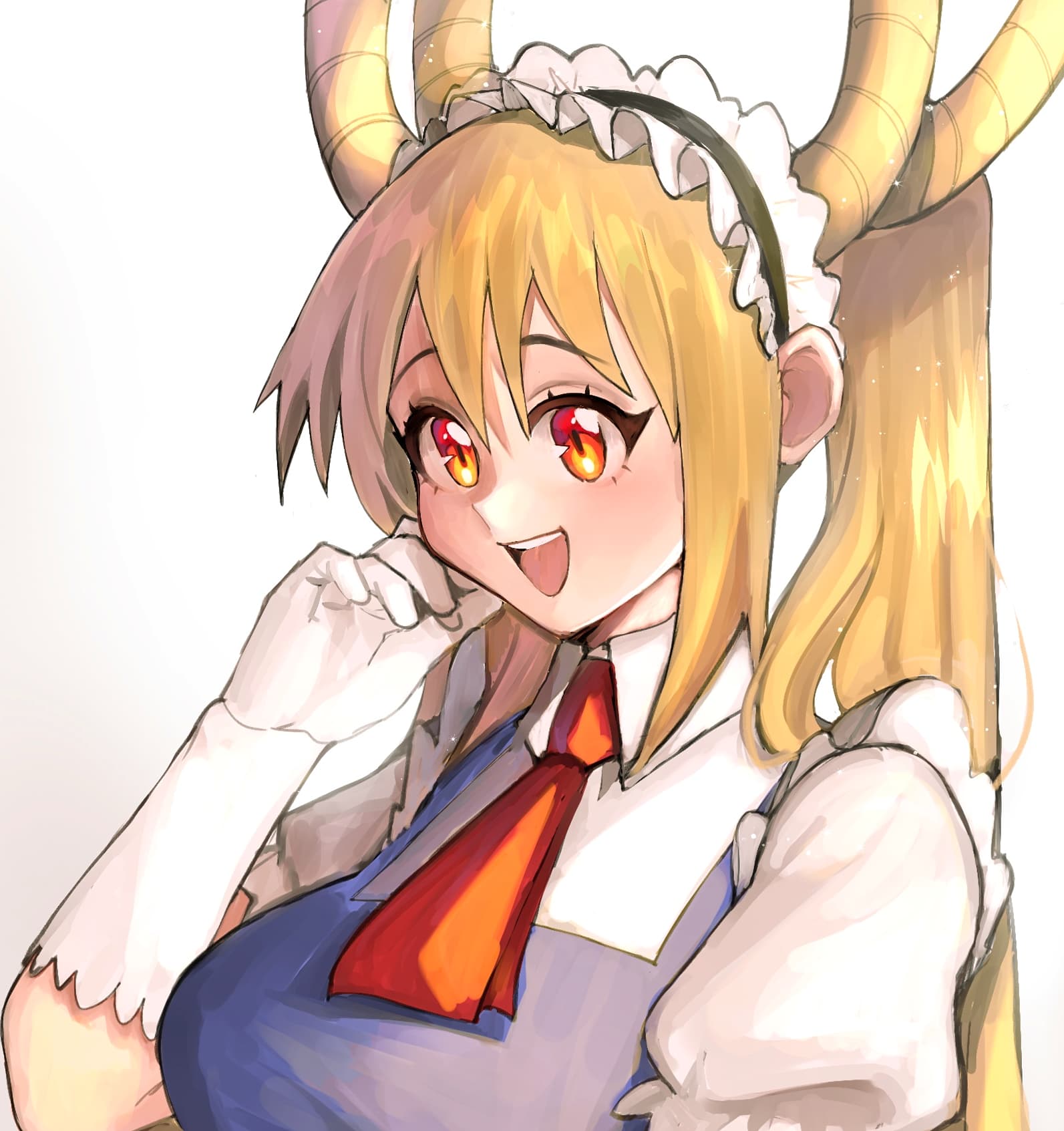 1girl bangs collared_shirt dragon dragon_girl dragon_horns elbow_gloves gloves highres horns horns_through_headwear kobayashi-san_chi_no_maidragon kumaartsu long_hair maid maid_headdress orange_eyes orange_hair puffy_short_sleeves puffy_sleeves red_neckwear shirt short_sleeves solo tohru_(maidragon) twintails white_background white_gloves