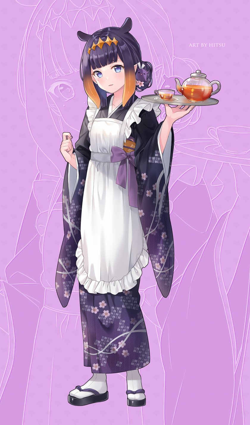 1girl alternate_costume apron artist_name blue_eyes bow cup flower frilled_apron frills hair_bun hair_flower hair_ornament headpiece highres hitsukuya holding holding_tray hololive hololive_english japanese_clothes kimono looking_at_viewer maid multicolored_hair ninomae_ina'nis obi orange_hair orange_sash pink_flower pointy_ears purple_bow purple_hair purple_kimono sash solo tabi tako_(ninomae_ina'nis) tea teacup teapot tentacle_hair tray two-tone_hair white_apron wide_sleeves