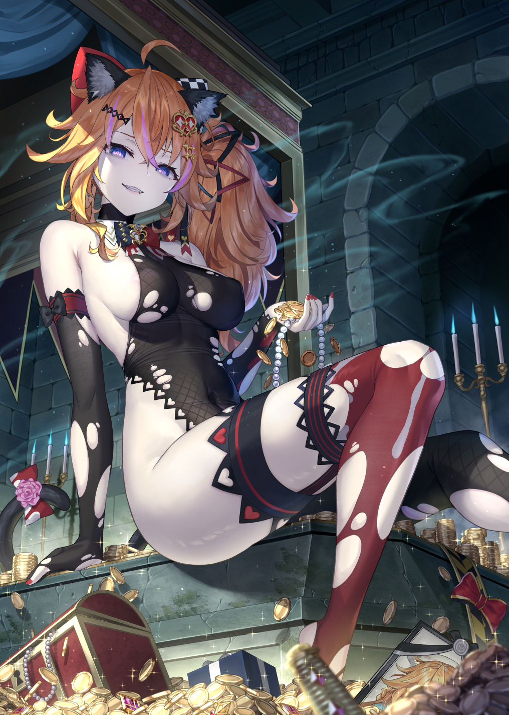 1girl ahoge animal_ears bare_shoulders beads black_gloves black_leotard bow breasts candle cat_ears cat_tail covered_navel detached_collar elbow_gloves fangs gloves gold_coin grin hair_ornament hairclip hand_up highleg highleg_leotard highres indoors leotard long_hair looking_at_viewer matanonki medium_breasts multicolored_hair nail_polish nijisanji orange_hair otogibara_era red_legwear side_ponytail sideboob sitting smile solo squinting streaked_hair tail tail_bow tail_ornament thigh-highs thighs torn_clothes torn_gloves torn_legwear torn_leotard treasure treasure_chest turtleneck violet_eyes virtual_youtuber