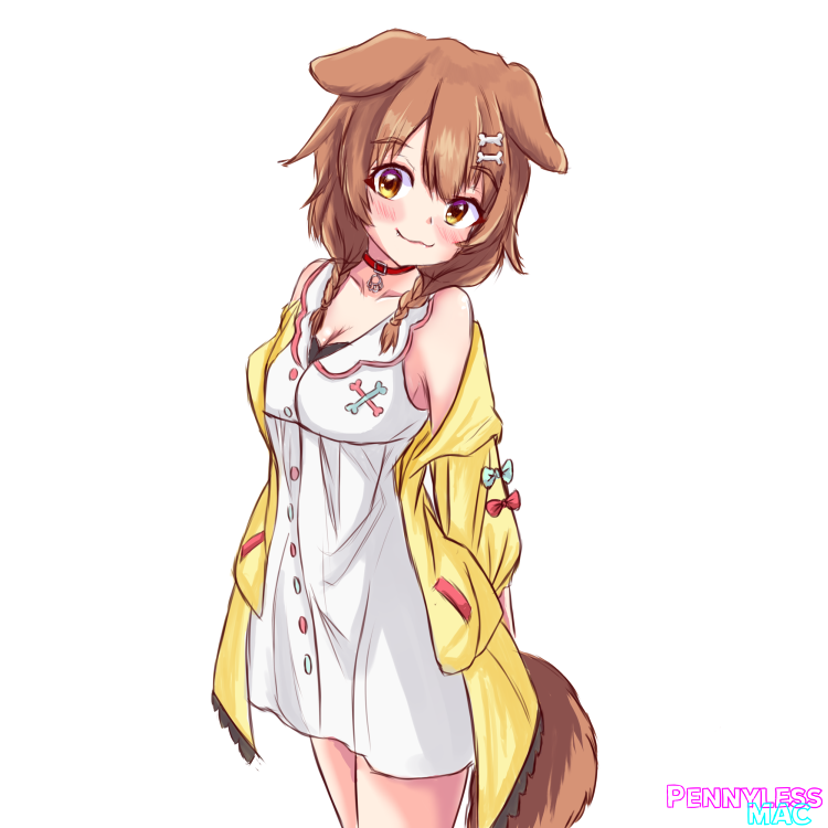 1girl :3 animal_ears artist_name bangs bone_hair_ornament braid brown_eyes brown_hair collar collarbone commentary dog_ears dog_girl dog_tail dress english_commentary eyebrows_visible_through_hair hair_between_eyes hair_ornament hairclip hololive inugami_korone jacket long_hair looking_at_viewer low_twin_braids off_shoulder pennylessmac short_dress simple_background smile solo tail twin_braids virtual_youtuber white_background white_dress yellow_jacket