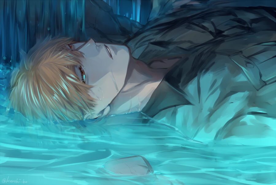 1boy baseball_cap blonde_hair bou_(maimoca501) hat hataraku_saibou killer_t_(hataraku_saibou) lying male_focus military military_uniform no_headwear on_back open_clothes open_shirt partially_submerged pectorals red_eyes short_hair short_sleeves sidepec solo toned toned_male uniform wet