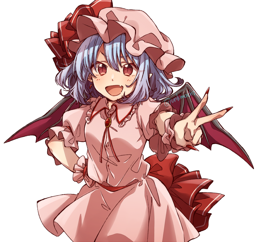 1girl :d bangs bat_wings blue_hair cowboy_shot fang fingernails hand_on_hip hat hat_ribbon long_fingernails looking_at_viewer mob_cap open_mouth pink_headwear pink_shirt pink_skirt pointy_ears red_eyes red_nails red_ribbon remilia_scarlet ribbon shirt short_hair short_sleeves simple_background skin_fang skirt smile solo standing touhou twitter_username unkmochi v white_background wings wrist_cuffs