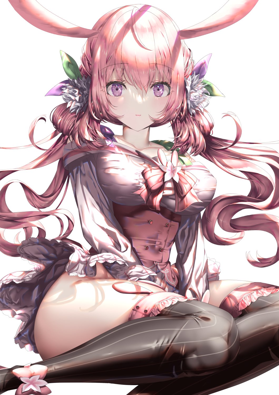 1girl animal_ears bangs black_legwear bow breasts collarbone eyebrows_visible_through_hair flower frills fujisaki_eru hair_between_eyes hair_flower hair_ornament hands_on_lap high-waist_skirt highres indie_virtual_youtuber lips long_hair long_sleeves looking_at_viewer low_twintails medium_breasts off-shoulder_shirt off_shoulder pink_hair pink_skirt rabbit_ears shirt simple_background sitting skirt solo thigh-highs thighs tight tomomo_mimiko twintails violet_eyes virtual_youtuber white_background yokozuwari