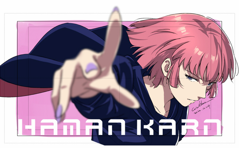 1girl character_name dated eyebrows_visible_through_hair gundam gundam_zz haman_karn lips long_sleeves looking_at_viewer outstretched_hand parted_lips pink_hair purple_nails short_hair signature solo upper_body violet_eyes werkbau