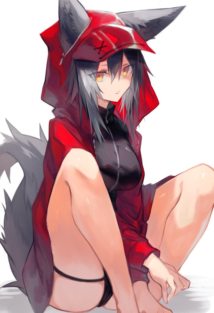 1girl animal_ears arknights black_swimsuit grey_hair highleg highleg_swimsuit hood hood_up hooded_jacket jacket long_sleeves official_alternate_costume one-piece_swimsuit open_clothes open_jacket projekt_red_(arknights) projekt_red_(light_breeze)_(arknights) red_jacket sasa_onigiri short_hair sidelocks simple_background sitting solo swimsuit tail white_background wolf_ears wolf_girl wolf_tail yellow_eyes