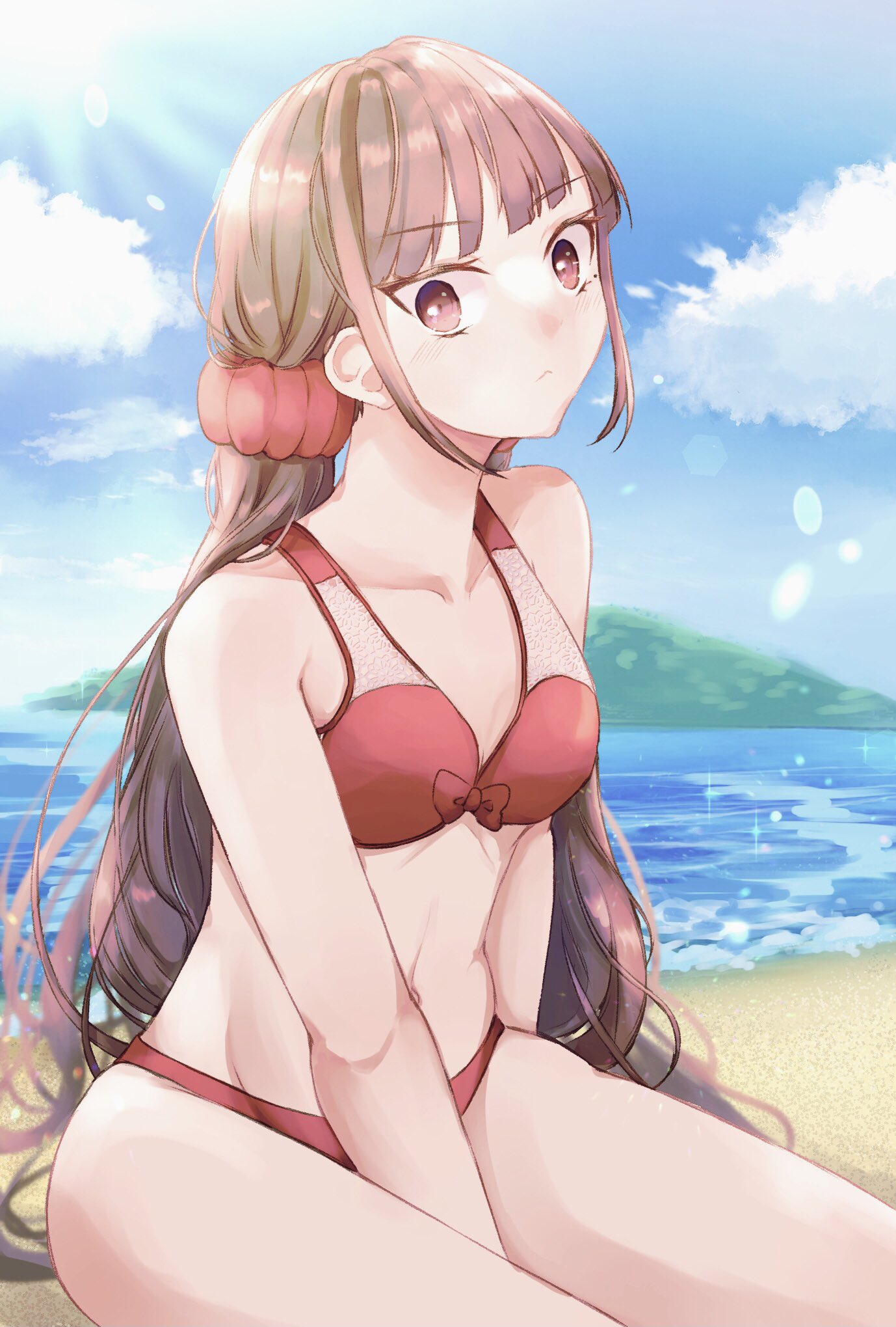 1girl bangs bare_arms bare_shoulders beach between_legs bikini blunt_bangs blush breasts collarbone dangan_ronpa_(series) dangan_ronpa_s:_ultimate_summer_camp dangan_ronpa_v3:_killing_harmony day eyebrows_visible_through_hair hair_ornament hand_between_legs harukawa_maki highres long_hair looking_at_viewer medium_breasts mole mole_under_eye navel ocean outdoors red_bikini red_eyes scrunchie sitting solo swimsuit twintails yukiusagi_(yukiusa)