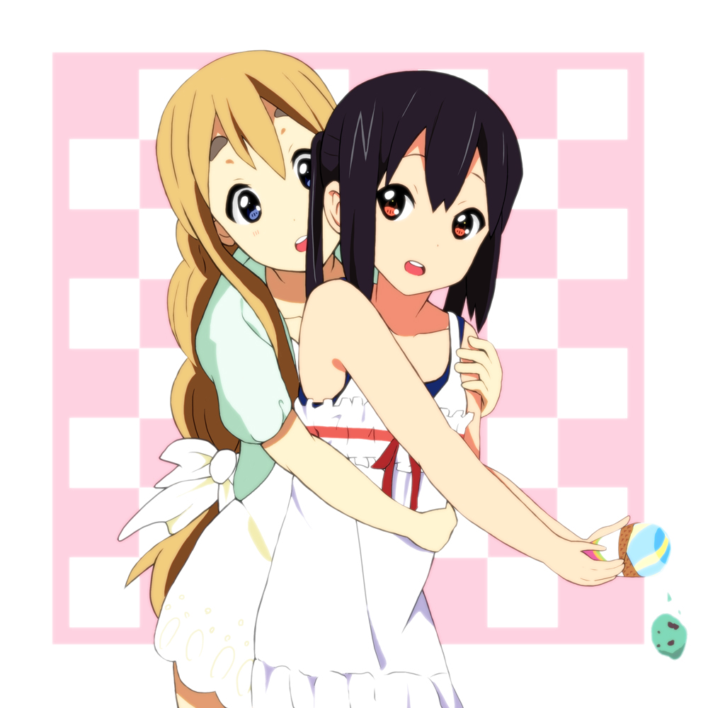 2girls black_hair blonde_hair blue_eyes food hug hug_from_behind ice_cream k-on! kaiman kotobuki_tsumugi long_hair multiple_girls nakano_azusa official_style open_mouth red_eyes simple_background thick_eyebrows twintails