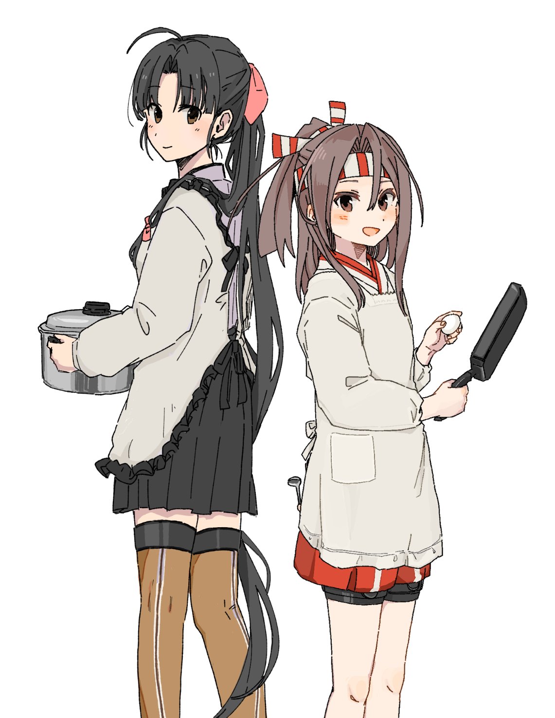 2girls ahoge alternate_hairstyle back-to-back black_hair black_skirt brown_eyes brown_legwear egg feet_out_of_frame frying_pan grey_hair hakama_pants hakama_skirt headband high_ponytail highres hinata_hibari holding japanese_clothes kantai_collection kappougi looking_at_viewer multiple_girls ponytail pot red_shorts shorts shouhou_(kancolle) simple_background skirt thigh-highs white_background zuihou_(kancolle)