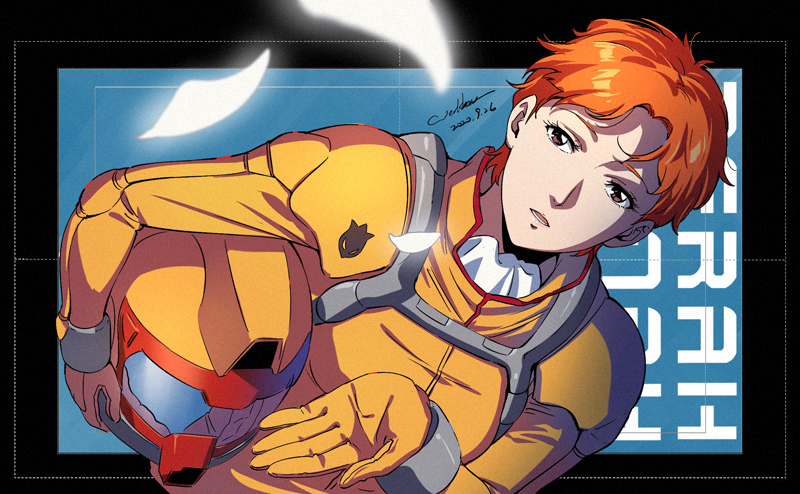 brown_eyes character_name character_request copyright_request dated dutch_angle gundam helmet holding holding_helmet lips looking_at_viewer orange_hair parted_lips petals short_hair signature spacesuit upper_body werkbau