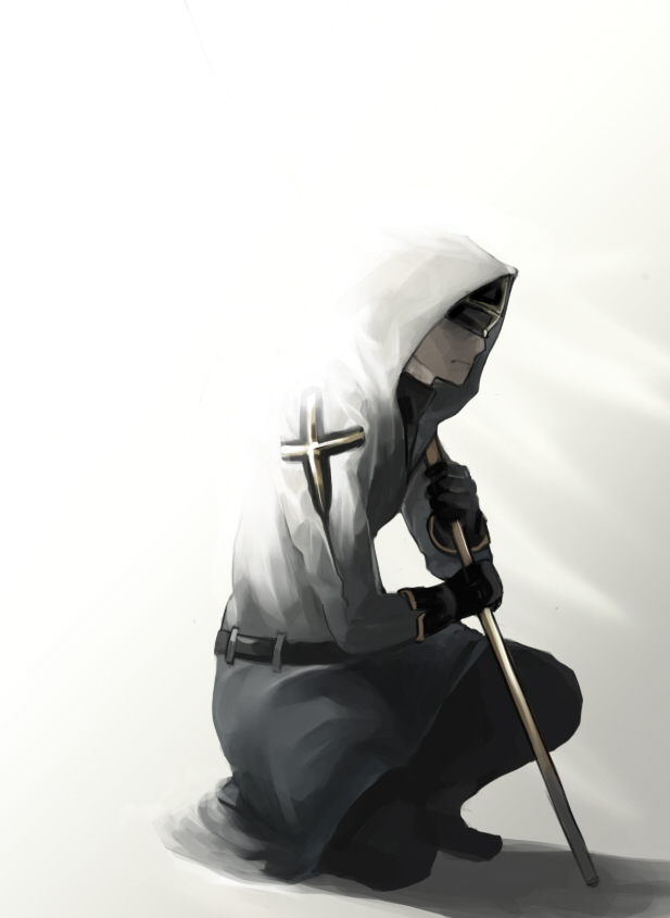 1boy belt black_gloves closed_mouth cross fantasy gloves holding hood hood_up kneeling light_rays lordroach male_focus original over_shoulder shadow solo turtleneck visor_(armor)