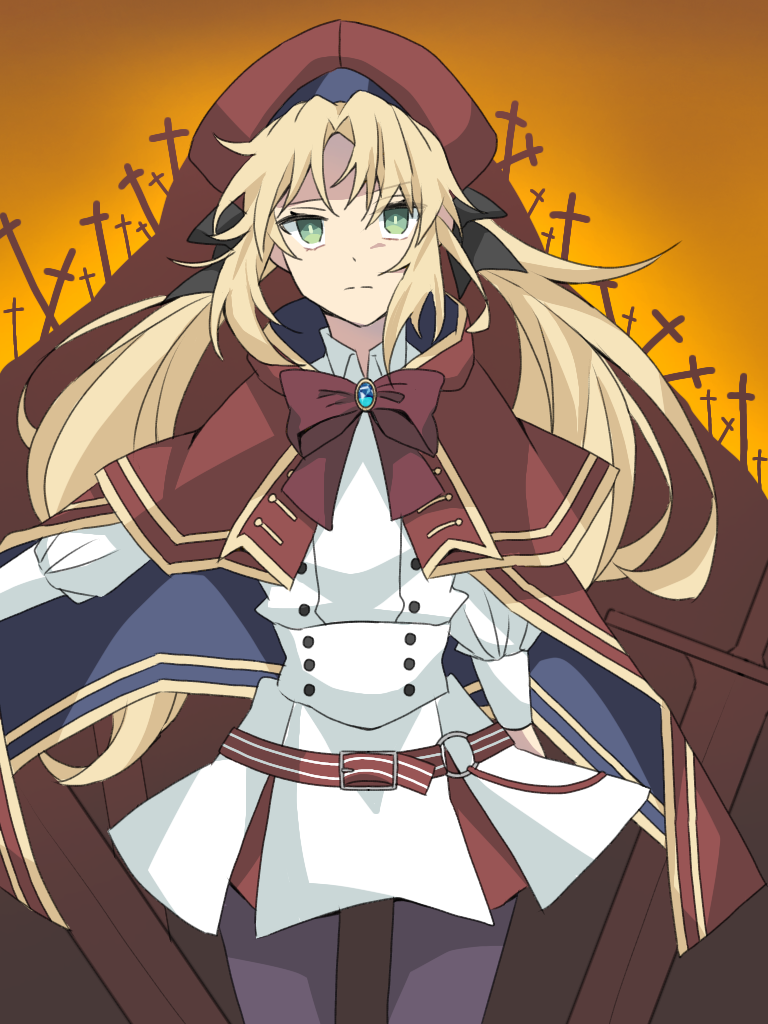 1girl artoria_pendragon_(all) artoria_pendragon_(caster)_(fate) artoria_pendragon_(caster)_(fate)_(cosplay) bangs belt beret blonde_hair bokujoumonogatari-futago bow buttons cape capelet closed_mouth cosplay cowboy_shot double-breasted eyebrows_visible_through_hair fate/grand_order fate_(series) frown gem gloves gradient gradient_background green_eyes hat holding holding_staff jacket long_hair long_sleeves looking_at_viewer mordred_(fate) mordred_(fate)_(all) o-ring orange_background outdoors red_bow red_cape red_headwear ribbon shirt skirt solo staff standing white_jacket