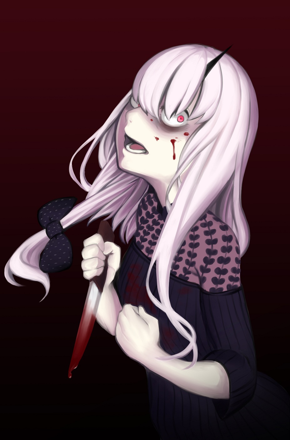 1girl blood blood_on_face bloody_clothes bloody_weapon bow dark dress dyun fate/grand_order fate_(series) gradient gradient_background hair_bow highres holding holding_knife horns knife lavinia_whateley_(fate) long_hair looking_at_viewer open_mouth pale_skin pink_eyes pink_hair red_background reverse_grip single_horn solo weapon wide-eyed