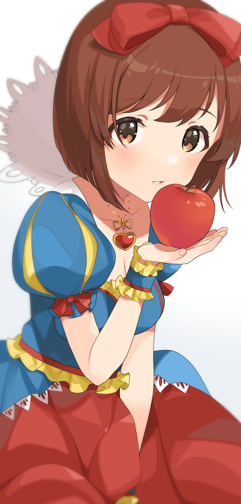 1girl apple between_legs blue_dress bob_cut bow brown_eyes brown_hair dot_nose dress food fruit hagiwara_yukiho hair_bow hand_between_legs heart heart_necklace highres holding holding_food holding_fruit idolmaster idolmaster_million_live! idolmaster_million_live!_theater_days inuyama_nanami jewelry looking_at_viewer medium_hair necklace parted_lips puffy_short_sleeves puffy_sleeves red_apple red_bow red_skirt short_sleeves simple_background skirt sleeping_beauty solo white_background