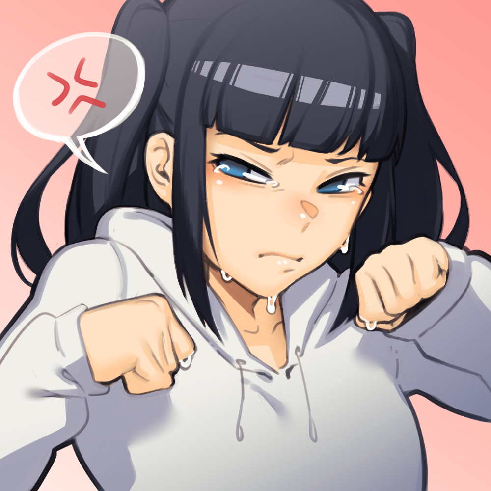 1girl anger_vein black_hair blue_eyes closed_mouth copyright_request crying dyun gradient gradient_background hands_up hood hoodie long_sleeves looking_at_viewer paw_pose pink_background solo spoken_anger_vein tears twintails upper_body white_hoodie