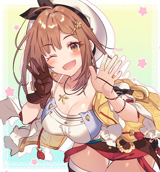 atelier_(series) atelier_ryza beret breasts brown_eyes brown_gloves clover_hair_ornament fang gloves hair_ornament hairpin hat large_breasts official_art one_eye_closed reisalin_stout riichu short_shorts shorts single_glove star_(symbol) thigh-highs