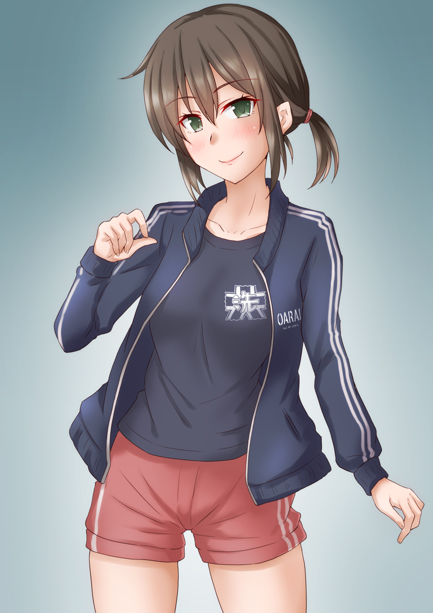 1girl alternate_costume anti_(untea9) black_hair black_shirt blue_jacket commentary_request commission cowboy_shot emblem fubuki_(kancolle) girls_und_panzer gradient gradient_background green_eyes grey_background gym_shorts gym_uniform highres jacket kantai_collection long_hair looking_at_viewer low_ponytail ooarai_(emblem) ponytail red_shorts shirt short_ponytail shorts sidelocks solo